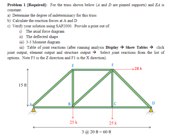 Problem 1 [Required]: For the truss shown below (A and D are pinned supports) and EA is constant a) Determine the degree of i