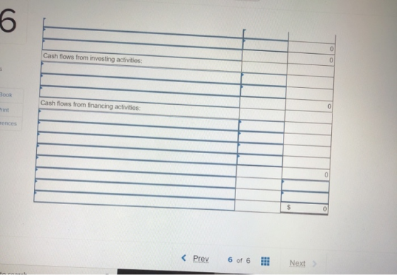 0 Cash flows from investing activitios: Book 0 Cash flows from financing activities: rint rences 0 $ 0 Prev 6 of 6 Next