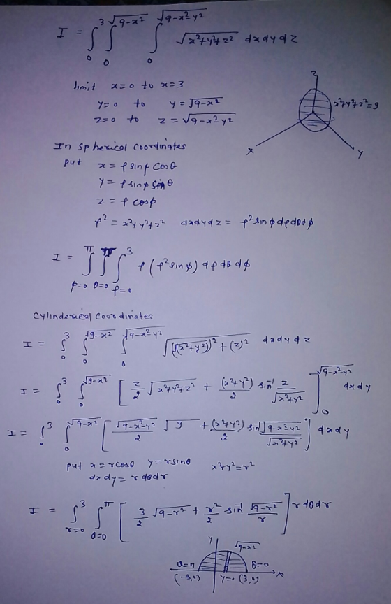 9-x2 y2 9-02 I = hmit )2가y주229 y=J9-x to Z=0 In Spheucol Coordingtes put Sinf Comp zEf Corp 1 POpdppurd =zphpep Po B-O PE Cyl