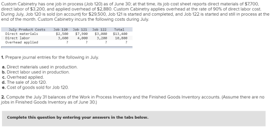 Custom Cabinetry has one job in process (Job 120) as of June 30; at that time, its job cost sheet reports direct materials of