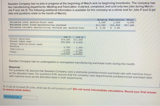 Sweeten Company had no jobs in progress at the beginning of March and no beginning inventories. The company has two manufactu