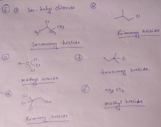 © @ See-butyl chloride © Ia halide secondary halide Secondary halide tertiary halide. methys hacide to cl он methyl hacide Pr