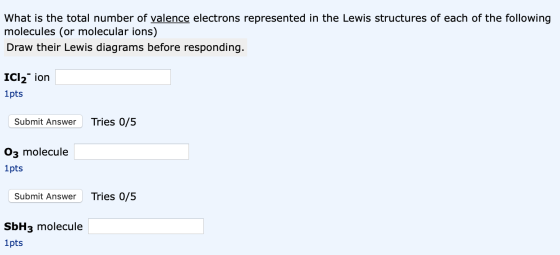 What is the total number of valence electrons represented in the Lewis structures of each of the following molecules (or mole