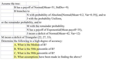 Assume the tree: B has a payoffof Normal(Mean-51, StdDev-9) B branches to N with probability of AbsolutelNormal(Mean 0.2, Var-0.19)], and to J with the probability Uniform, or the remainder probability, and to M with the remainder probability. N has a payoff of Exponential(Mean payoff-35) J incurs a deficit of Normal(Mean 42, Var-12) M incurs a deficit of Triangular (22, 27, 33) Determine the following to a high degree of accuracy: A, What is the Median of B? B, What is the 50th percentile of B? C, What is the 90th percentile of B? D, What assumptions have been made in finding the above?
