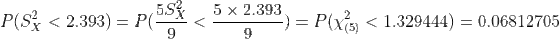 P(S} < 2.393)=P( <5*2.393) = P(x) < 1.329444) = 0.06812705