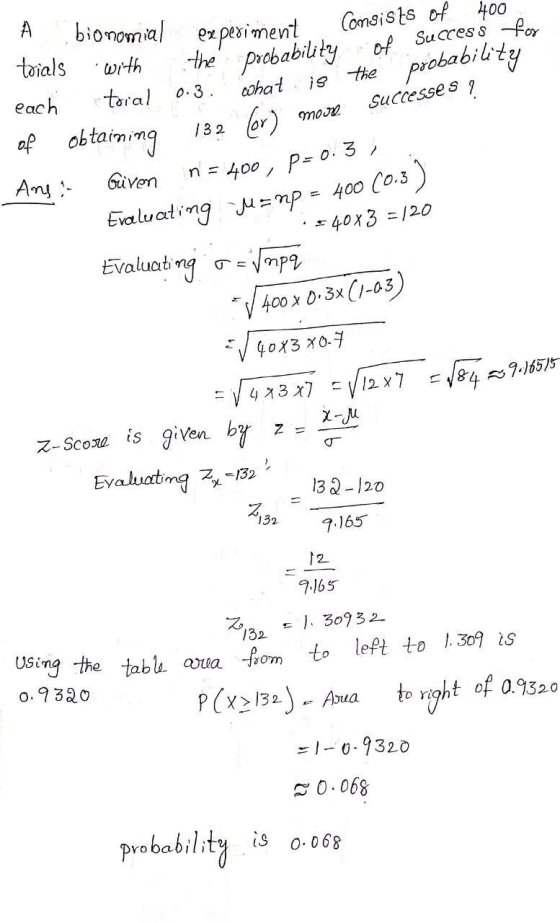 0.3. A bionomical experiment toials with each toral of obtaining Ang a Güven more Consists of 400 the probability of Success