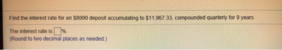 Find the interest rate for an $8000 deposit accumulating to $11,967.33, compounded quarterly for 9 years. The interest rate i