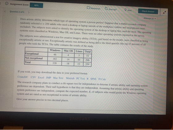 O Assignment Score: 80% Resources Ds Give Up? Give Up O Hint Question 3 of 5 Check Answer Check Answer Attempt 10 - Does arti
