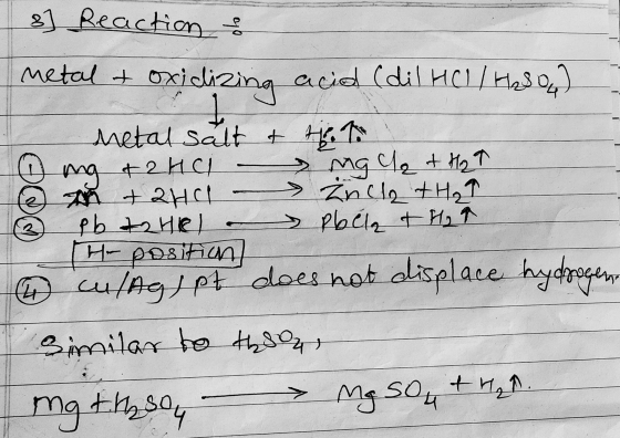 8] Reaction & metal & Oxidizing acid (dil HCl / H2SO4) metal salt & tieto 0 mg + 2HCl - mg cl + H2 T M+2HCl - inche + H₂T ③ p