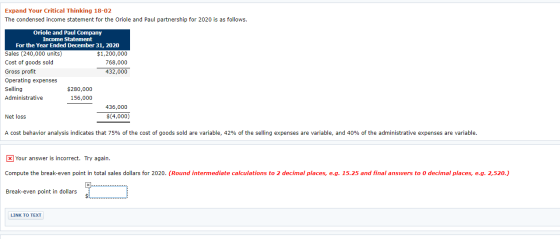 Expand Your Critical Thinking 18-02 The condensed income statement for the Oriole and Paul partnership for 2020 is as follows