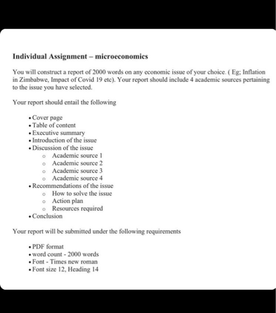 Individual Assignment - microeconomics You will construct a report of 2000 words on any economic issue of your choice. (Eg; I