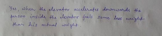Yes, when the elevator accelerates downwards the persoo inside the elevator feels some less weight than his actual weight.