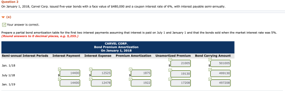 Question 2 On January 1, 2018, Carvel Corp. issued five-year bonds with a face value of $480,000 and a coupon interest rate o
