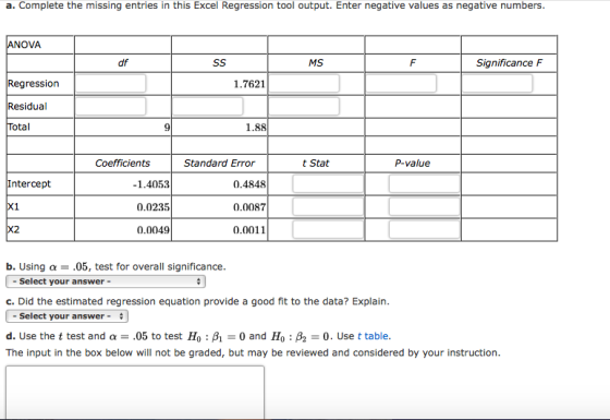 a. Complete the missing entries in this Excel Regression tool output. Enter negative values as negative numbers. ANOVA df SS