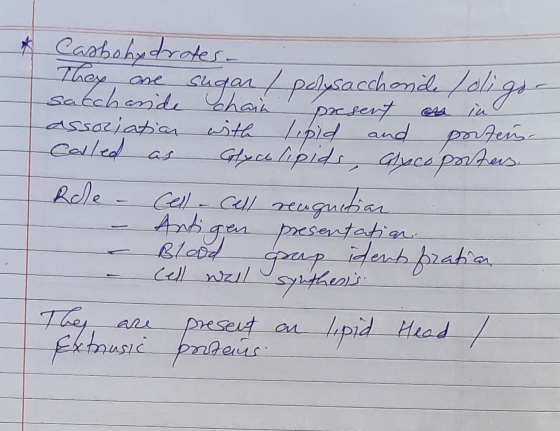 sakol Carbohydrates- They are sugar / polysacchande foligor ande chain present and in association with lipid and poten. calle