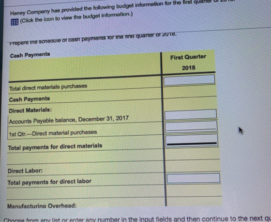 Haney Company has provided the following budget information for the first quarer UI 2011 (Click the icon to view the budget i