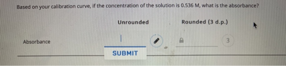 Based on your calibration curve, if the concentration of the solution is 0.536 M, what is the absorbance? Unrounded Rounded (