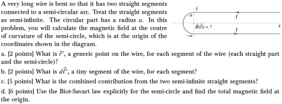 Ý a -a A very long wire is bent so that it has two straight segments connected to a semi-circular arc. Treat the straight seg