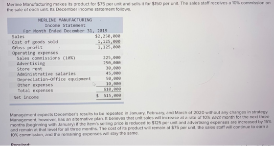Merline Manufacturing makes its product for $75 per unit and sells it for $150 per unit. The sales staff receives a 10% commi