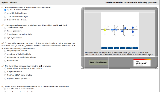 Hybrid Orbitals Use the animation to answer the following questions. (a) Mixing yellow and blue atomic orbitals can produce: