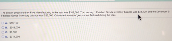 The cost of goods sold for Frye Manufacturing in the year was $318,000. The January 1 Finished Goods Inventory balance was $3