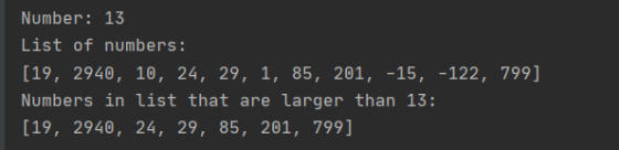 Number: 13 List of numbers: [19, 2940, 10, 24, 29, 1, 85, 201, -15, -122, 799] Numbers in list that are larger than 13: [19,