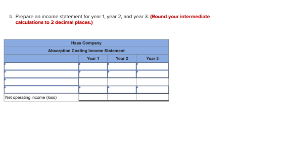 b. Prepare an income statement for year 1, year 2, and year 3. (Round your intermediate calculations to 2 decimal places.) Ha