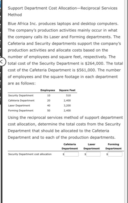Support Department Cost Allocation --Reciprocal Services Method Blue Africa Inc. produces laptops and desktop computers. The