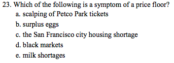 23. Which of the following is a symptom of a price floor? a. scalping of Petco Park tickets b. surplus eggs c. the San Franci