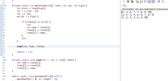 18 19 private static int partitionCint [items, int low, int high) 20 21 int pivot = items [high]; int i (low- 1); int j - low