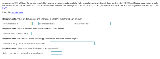 Jordan owns 80% of Ruby Corporation stock. He transfers a business automobile to Ruby in exchange for additional Ruby stock w