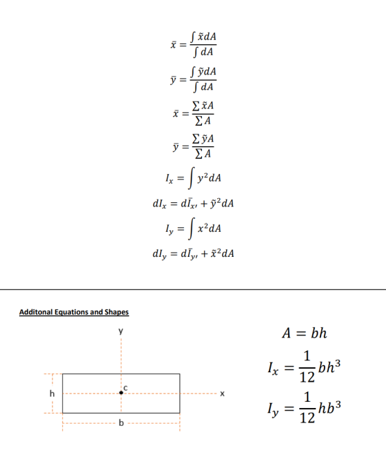 ſõda Ž= S dA Sõda j = S dA ΣΧΑ ž= ΣΑ ΣΥΑ ΣΑ y = 1x = Jy2d dlx = dīxı + ģ2dA 1y = 5 x?da dly = dĪy, + t2dA Additonal Equations