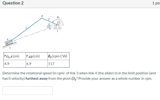 Question 2 1 pts TOZA(cm) TAB(cm) 02 (rpm CW) 4.9 6.9 117 Determine the rotational speed (in rpm) of link 3 when link 4 (the