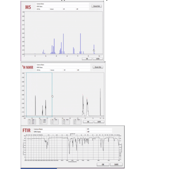 Com Zoom Out MS Slot SAVE H NMRKCRAME Zoom Out CO 20 OK SAVE FTIR Com IUPAC Tane MP 22 23 24 25 SE 4 3 1. N ID F 10 OK SAVE