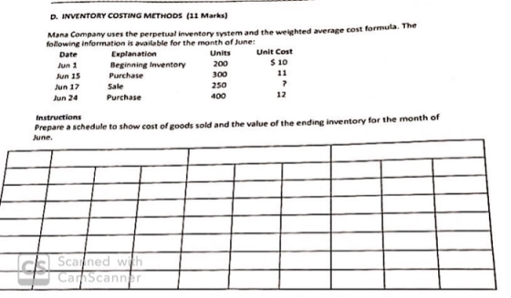 D. INVENTORY COSTING METHODS (11 Marks) Mana Company uses the perpetual inventory system and the weighted average cost formul