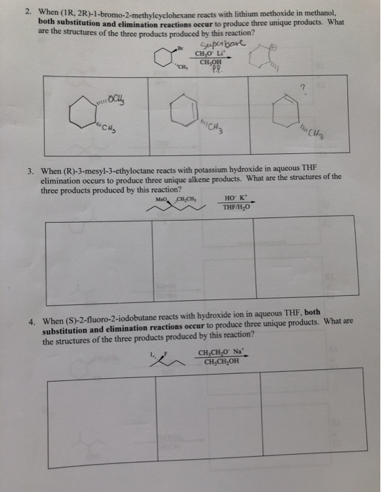 2. When (1R, 2R)-1-bromo-2-methylcyclohexane reacts with lithium methoxide in methanol, both substitution and elimination rea