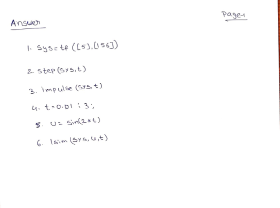 Ansuen Page 2. step (sys, t) 3. impulse (Sys, t) L4to.D3 sim Sys, u,t)