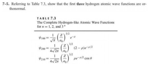 7-5. Referring to Table 7.3, show that the first three hydrogen atomic wave functions are or- thonormal. TABLE 7.3 The Comple