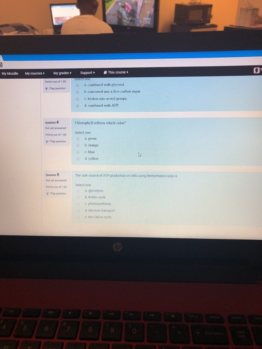 My Moodle My coursesMiy gradesSupport This course combuned with glyeesol. O a commbned with O b cometed zio a five carbon sugar F Flag quetiona O C broken nto acetyl groups. O d combitied with ATP Chlorophyl1 reflects winch color? Pints out of 1 00 Select one Plag oa green Ob orange c blue O d yellow umation 5 The sole source of ATP production in cells using fermentation only is Select one Points out of 1.00 P Plg qurstion a glycolysis b. Krebs cycle c photosynthesis d electron transport the Cah