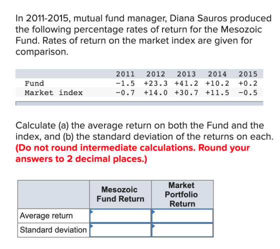 In 2011-2015, mutual fund manager, Diana Sauros produced the following percentage rates of return for the Mesozoic Fund. Rate