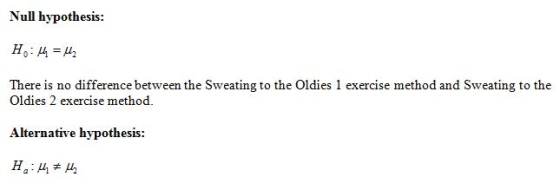 Null hypothesis: H:44 = 42 There is no difference between the Sweating to the Oldies 1 exercise method and Sweating to the Ol