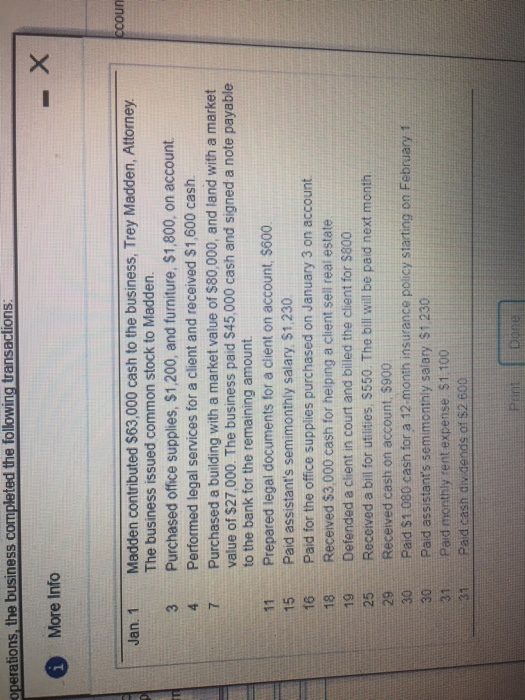 operations, the business completed the following transactions More Info ccoun Madden contributed $63,000 cash to the business, Trey Madden, Attorney The business issued common stock to Madden. Jan. 1 3 Purchased office supplies, $1,200, and furniture, $1,800, on account 4 Performed legal services for a client and received $1,600 cash 7 Purchased a building with a market value of $80,000, and land with a market value of $27,000. The business paid $45,000 cash and signed a note payable to the bank for the remaining amount 11 Prepared legal documents for a client on account, $600 15 Paid assistants semimonthly salary, $1,230 16 Paid for the office supplies purchased on January 3 on account 18 Received $3,000 cash for helping a client sell real estate 19 Defended a client in court and billed the client for $800 25 Received a bil for utilities, $550. The bill will be paid next month 29 Received cash on account, $900 30 Paid $1,080 cash for a 12-month insurance policy starting on February 1 30 Paid assistants semimontnly salary $1230 31 Paid monthly rent expense $1 100 31 Paid cash div dends of $2 600