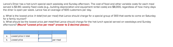 Lances Diner has a hot-lunch special each weekday and Sunday afternoon. The cost of food and other variable costs for each m