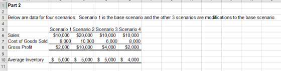 1 Part 2 3 Below are data for four scenarios. Scenario 1 is the base scenario and the other 3 scenarios are modifications to