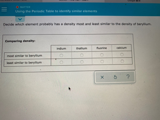Google O MATTER Using the Periodic Table to identify similar elements Decide which element probably has a density most and le