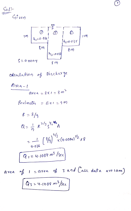 Solo Given im h1=0.036? - 16,20.035 8m fm 192-00381 S=0.0004 sm calculation of Discharge Area- area = 8x18m? Perimeter = 8+1=