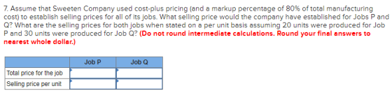 7. Assume that Sweeten Company used cost-plus pricing (and a markup percentage of 80% of total manufacturing cost) to establi