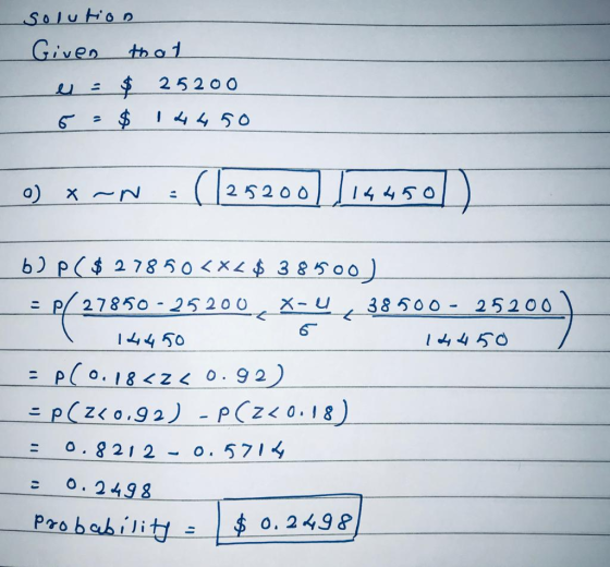 solution Given that $ 25200 IL 450 o) x ~N - (126520 5200] 154501) - P P( 27850-25200, x=4 oo) b) p$ 27850<x<$ 38500) 27850 -