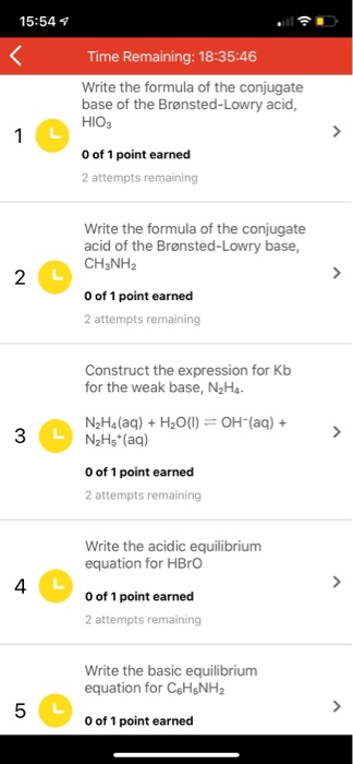 15:54 Time Remaining: 18:35:46 Write the formula of the conjugate base of the Brønsted-Lowry acid, HIO3 O of 1 point earned 2