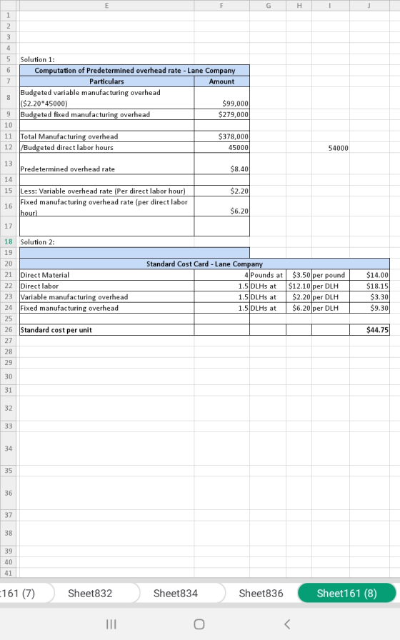 G H 5 Solution 1: | Computation of Predetermined overhead rate - Lane Company Particulars Amount Budgeted variable manufactur